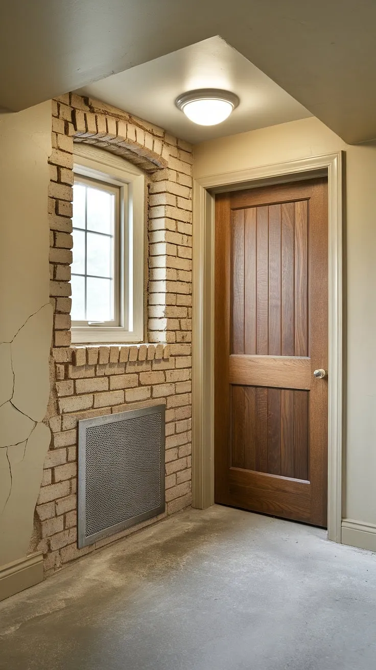 This basement entrance, with its sturdy wooden basement doors and a partially obscured basement egress window, speaks of hidden potential. The egress window, though partially covered by a brick wall showing some age and cracks, still offers a glimpse of opportunity for a basement redo. The concrete floor and simple beige walls provide a blank canvas for a basement conversion, and the addition of window wells could further enhance the space's functionality and light.