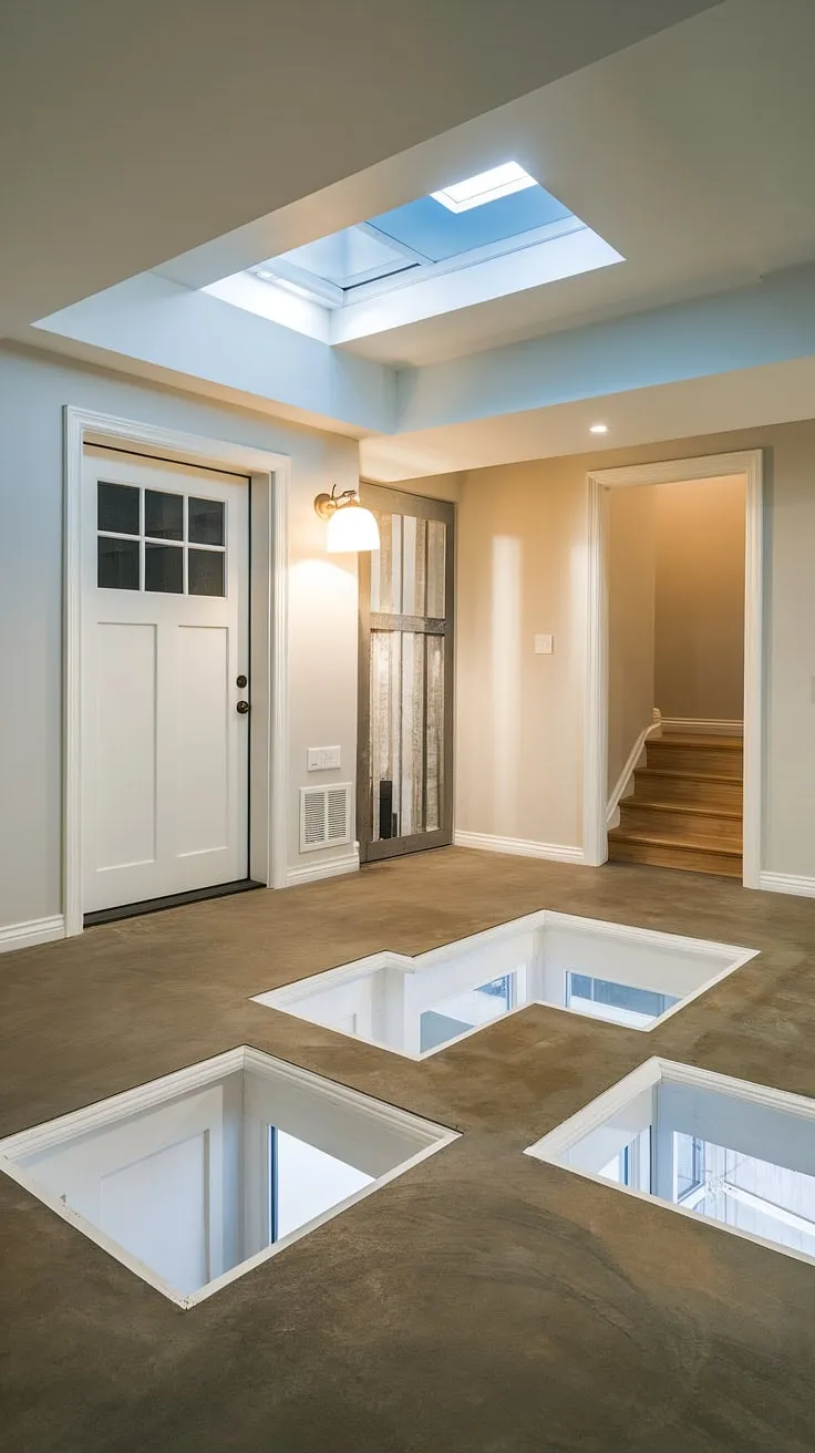 This basement conversion boasts multiple basement entrances for optimal safety and light, including a large basement door with an egress window, a secondary basement door leading to the stairs, and strategically placed window wells providing ample basement egress.