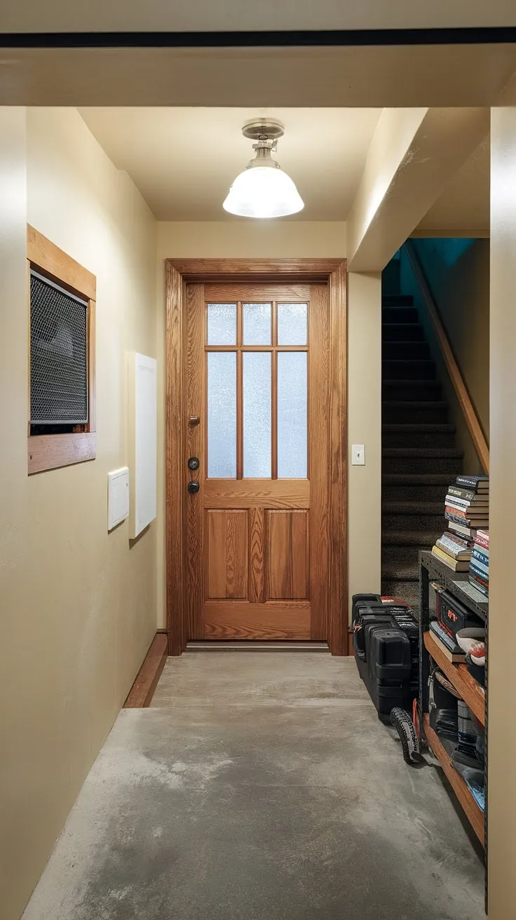 The sturdy wooden basement doors, complete with a frosted glass window for added light and safety, lead down to a surprisingly spacious area. A nearby egress window, enhanced by its window well, ensures ample natural light and a secondary escape route. The beige walls and concrete floor hint at a potential basement conversion or basement redo, with the toolbox and books suggesting ongoing projects. The visible staircase offers a glimpse of the upstairs, highlighting the seamless connection between levels.