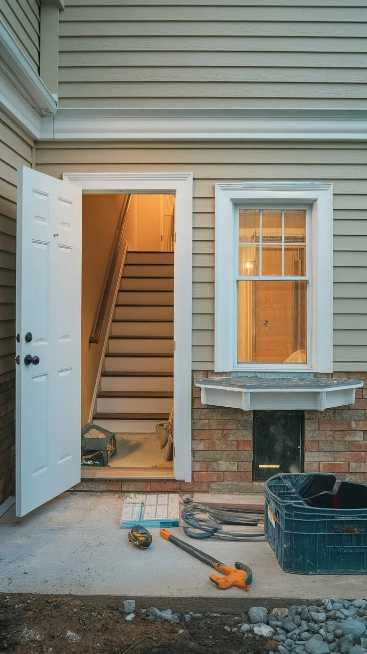 The basement entrance is bustling with activity. A partially open basement door reveals a stairway descending into the midst of a basement conversion project. Tools and materials are scattered around the concrete floor, hinting at a significant basement redo. A basement egress window, complete with its window well, provides ample natural light, while the painted walls suggest a thoughtful approach to this transformation.