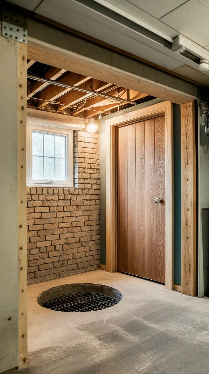 This basement entrance, complete with a sturdy wooden door, egress window, and thoughtfully designed window wells, speaks volumes about this stunning basement conversion. The exposed brick and updated features create a space that's both charming and functional.