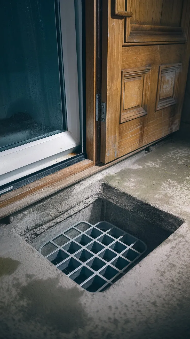 This basement entrance, with its worn basement doors and functional basement egress window, speaks of hidden spaces and the promise of a basement redo. The damp window wells add a touch of mystery to this basement window.