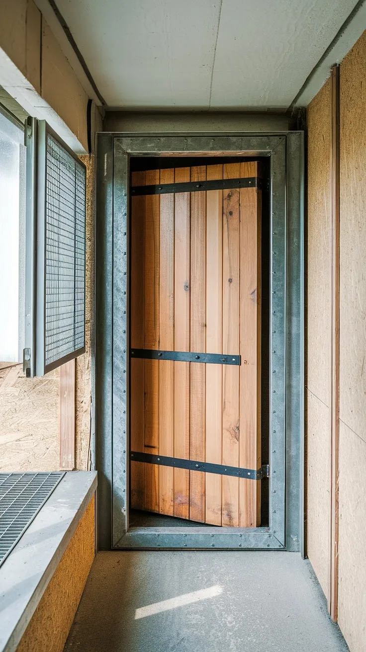 The worn wooden basement doors, framed in metal, hint at the potential within. A functional basement egress window, complete with window wells and a protective grate, sits beside the entrance, suggesting a thoughtful basement conversion or perhaps a basement redo is underway. The concrete floor and nail-scarred walls tell a story of past use, while the shadows cast across the scene add to the mystery of what lies beneath.
