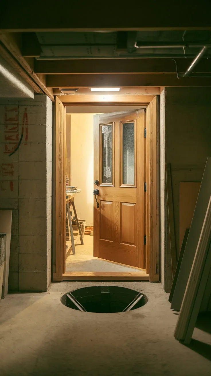 The warmly lit basement entrance beckons, revealing a thoughtfully designed space. Solid wooden basement doors lead down to a concrete floor, while a strategically placed basement egress window, complete with window wells, ensures ample natural light and a secondary escape route. Nearby tools hint at a basement redo or perhaps a basement conversion in progress, transforming this area into something truly special.