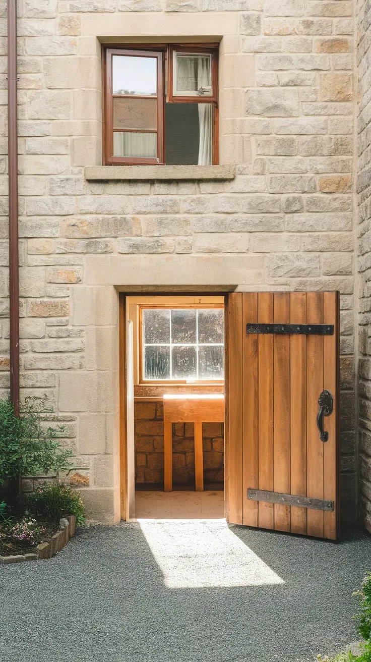 A sunlit path guides the way to this sturdy wooden basement entrance, hinting at the potential within. The stone walls, gravel ground, and strategically placed egress window with window wells speak to the possibilities of a basement conversion or basement redo, transforming this basement egress into a valuable living space. The well-maintained basement doors promise access to a thoughtfully designed area.