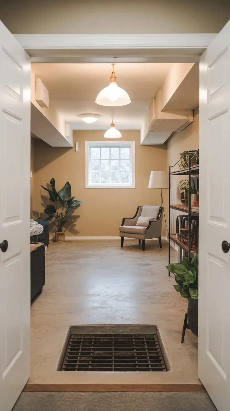 This basement redo boasts a charming transformation, featuring a convenient basement entrance with solid basement doors. The inclusion of a basement egress window with its own window wells and grate provides both natural light and a crucial safety feature. The space is cleverly furnished, making the most of the available area, showcasing a successful basement conversion.