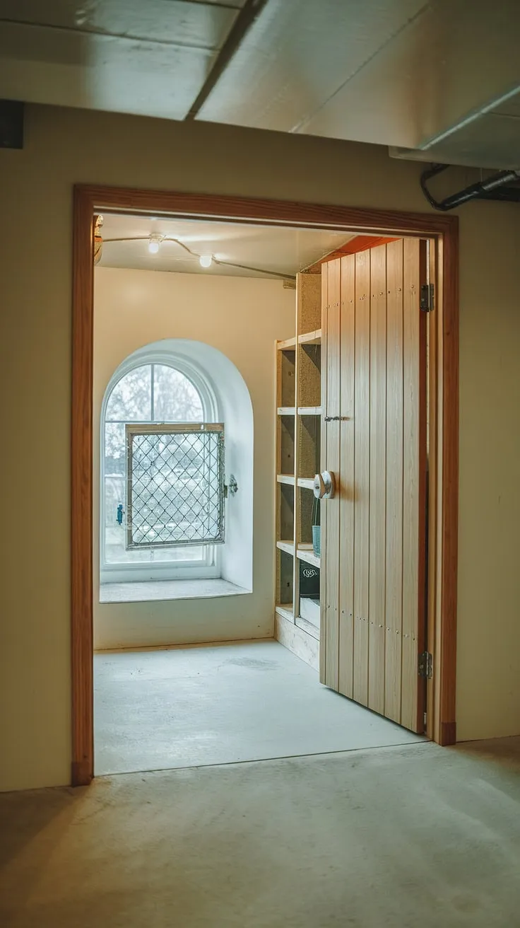 This inviting basement entrance, complete with a sturdy wooden door, egress window, and thoughtfully placed window wells, hints at a cozy basement conversion or a successful basement redo.