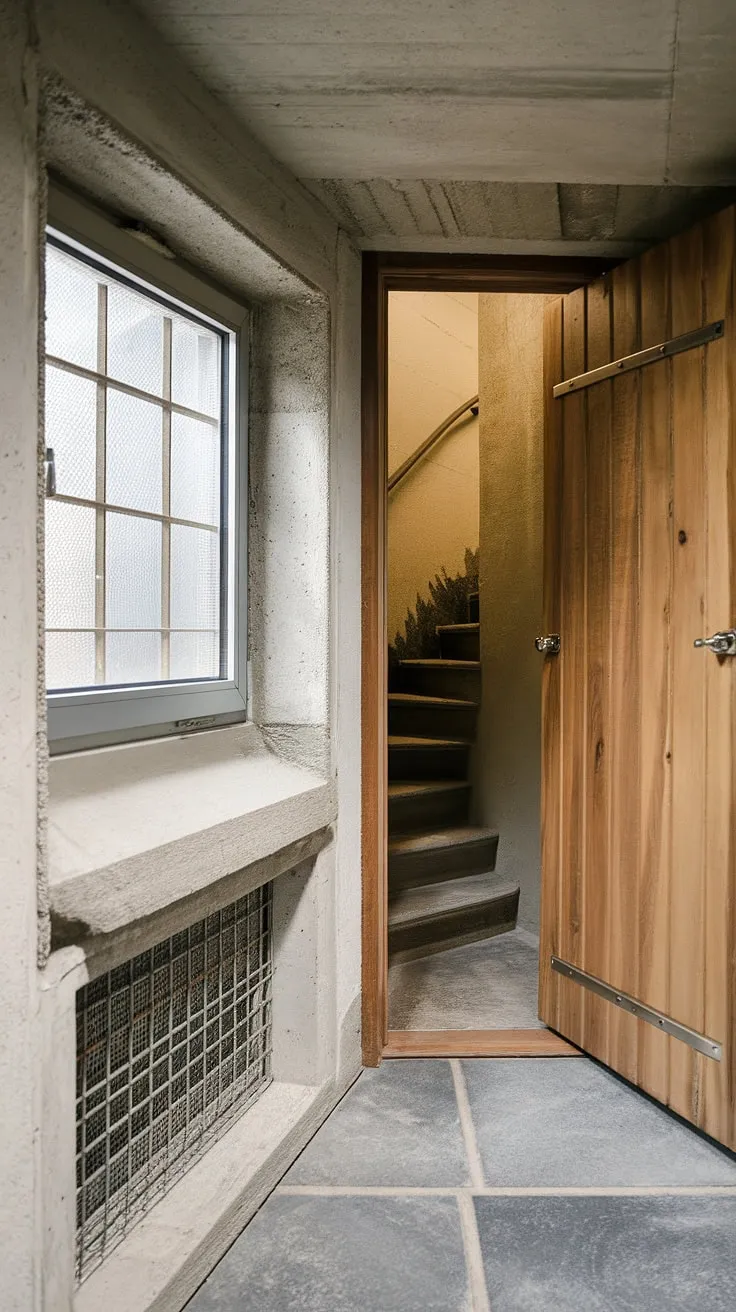 A glimpse into the depths: this basement entrance, featuring a functional basement egress and window wells, speaks of safety and the possibility of a stunning basement conversion. The basement doors await.