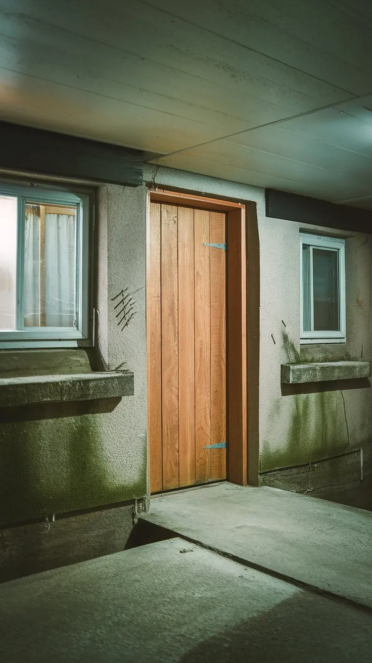 A weathered wooden door marks the basement entrance, leading down to a concrete floor. The presence of two egress windows, each nestled within its own window well, provides crucial natural light and a secondary escape route. This basement egress system is a significant safety feature. The overall ambiance suggests a space ripe for a basement conversion or basement redo, a blank canvas waiting for creative transformation. The moss on the walls and nails in the wood add character to this hidden space.