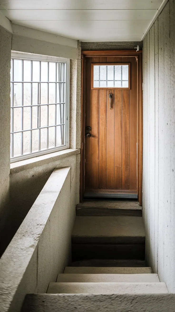 A well-lit basement entrance, featuring secure basement doors and a functional egress window with window wells. Perfect for a basement conversion or a simple basement redo, ensuring both safety and natural light.
