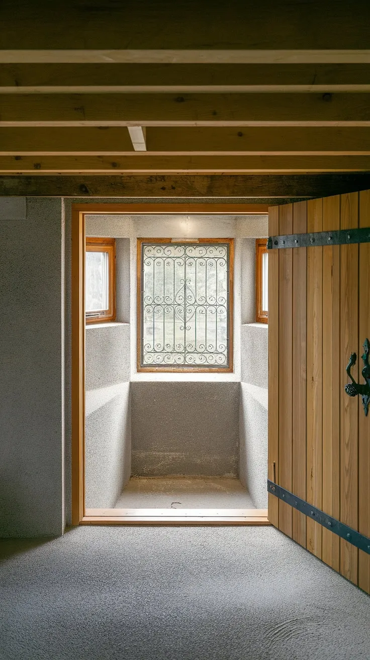 Sunlight streams into this well-lit basement egress, highlighting the sturdy wooden basement doors and the wrought iron grate protecting the basement window. The concrete walls and grey floor, combined with the exposed wooden beams overhead, suggest a potential for a stunning basement conversion or basement redo. Deep window wells flank the egress window, ensuring ample natural light.