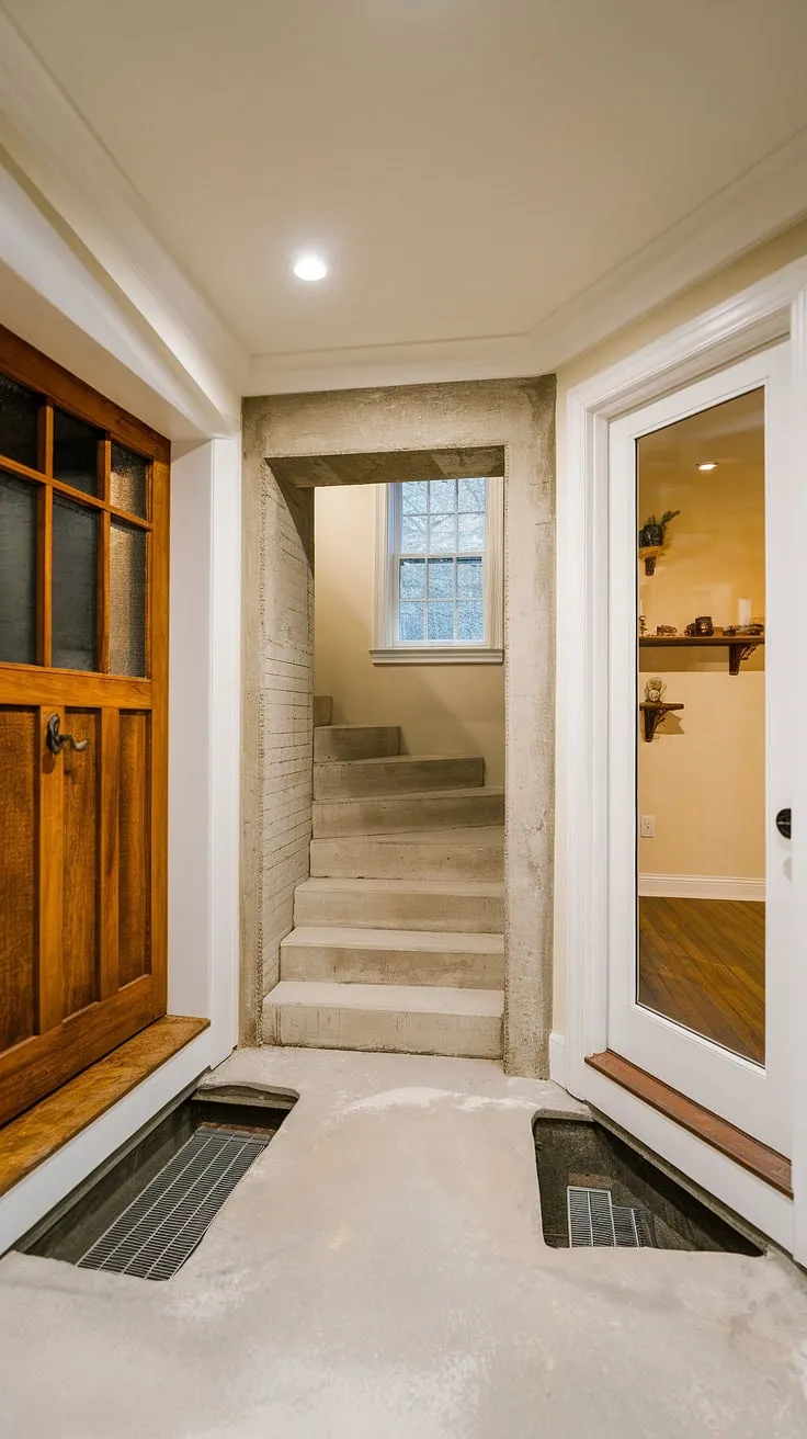 A complete basement makeover! The before-and-after is incredible, showcasing a transformation from a simple basement entrance and basic concrete basement egress to a bright, functional space. The basement redo includes a new ceiling, lighting, and flooring, while the clever basement conversion adds living space with a finished floor and shelving. The original basement window, now enhanced with window wells, and the newly installed egress window with its white frame, both contribute to the improved light and ventilation. The updated basement doors, including one with a glass panel, perfectly complement the overall design.