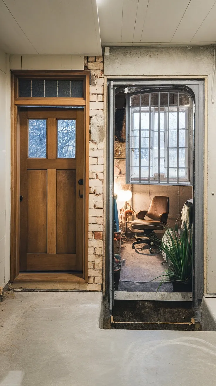Sunlight streams into this bright basement, highlighting the contrast between the rustic charm of the wooden basement entrance door with its small window, and the more utilitarian metal basement egress door and its barred basement window, set within deep window wells. A few missing bricks in the wall beside the main basement doors hint at a potential basement redo or conversion underway, while a chair, lamp, and plant suggest a space already finding new life.