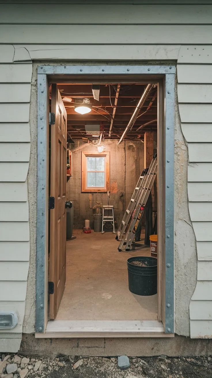 This basement entrance hints at untold stories—a potential basement conversion, or perhaps just a basement redo waiting to happen. The basement egress window and sturdy basement doors promise access to light and air, while the cracks whisper tales of time.