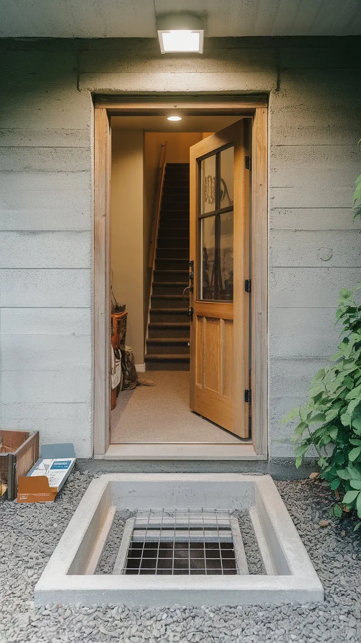 Beyond this basement entrance lies a hidden world: a well-lit basement egress featuring a secure basement window and thoughtfully designed window wells, ready for a complete basement doors and basement conversion.