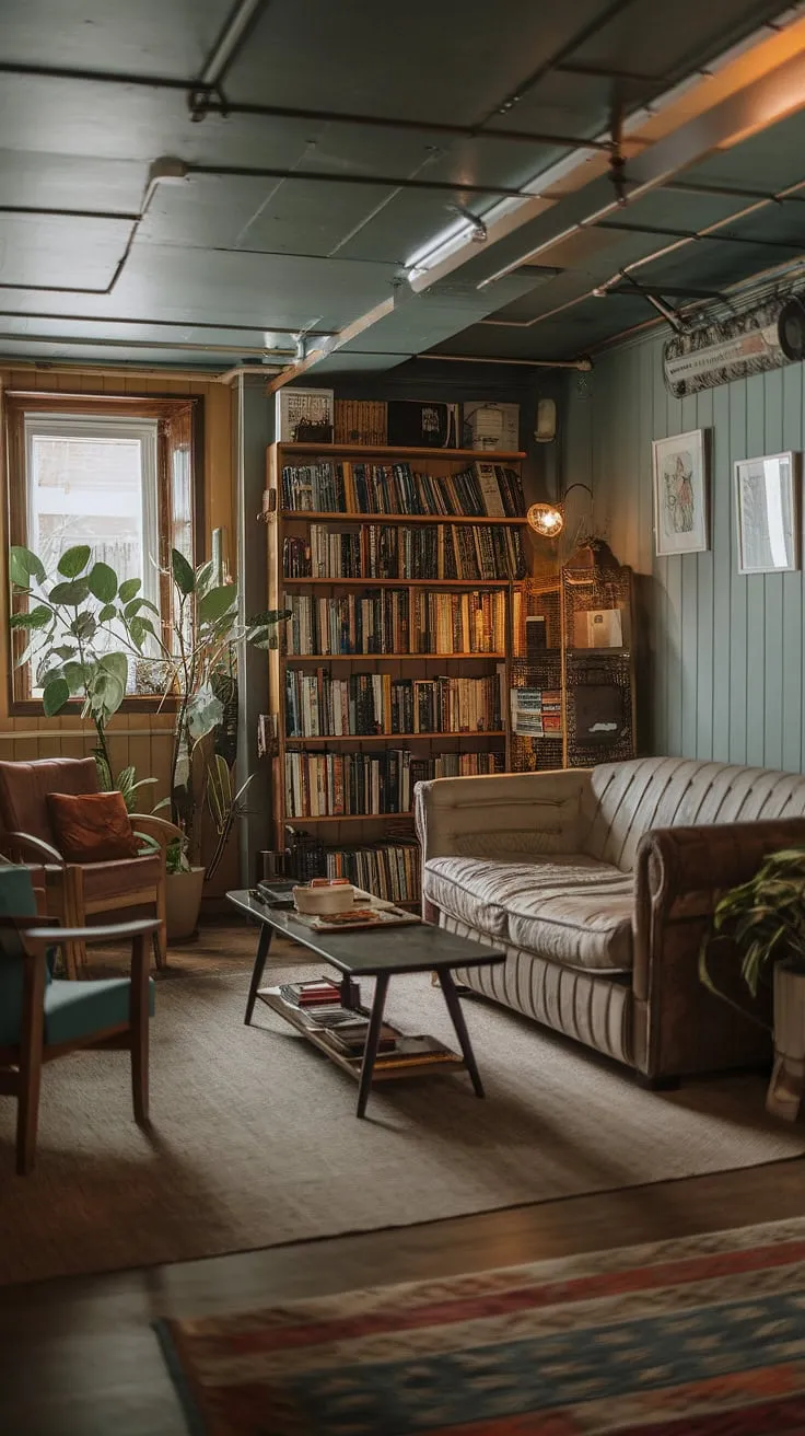 Escape the everyday in this cozy rec room—a vintage basement remodel showcasing the best of open plan basement ideas.  The comfortable basement ideas here transform a small dark basement into a warm and inviting space, perfect for living in basement ideas. Note the clever use of warm lighting and a thoughtful basement entry.