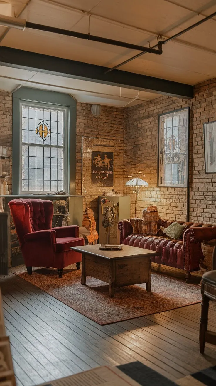 Transforming a dark, unfinished basement into this inviting cozy rec room was a dream come true!  This vintage basement remodel demonstrates that even small spaces can be maximized with clever open plan basement ideas.  The exposed brick, stained-glass window, and plush red armchair create a cool basement aesthetic perfect for relaxing.  Find inspiration for your own living in basement ideas, particularly if you're looking for comfortable basement ideas or cute unfinished basement ideas for a small dark basement. The basement entry now leads to a haven of comfort and style.