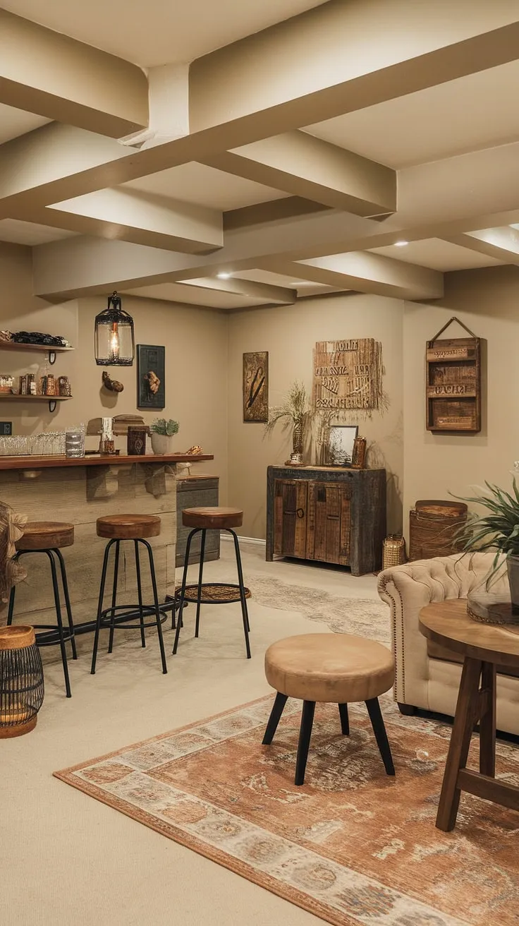 Transforming a small dark basement into a comfortable haven? This vintage basement remodel is brimming with inspiration.  From the cute unfinished basement ideas to the open plan basement ideas, this cozy rec room showcases a cool basement aesthetic that's both stylish and functional.  The comfortable seating, charming bar, and thoughtful details make this the perfect space for relaxation, proving that even a basement entry can lead to a stunning living space.  Consider this your guide for living in basement ideas.
