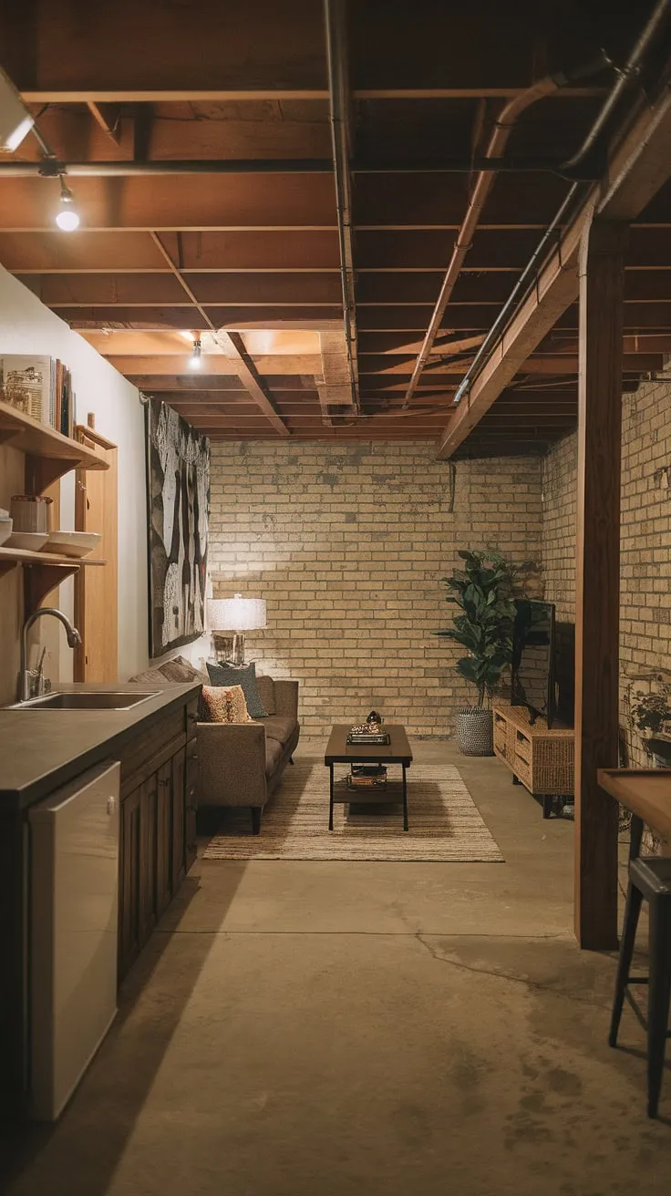 This cool basement aesthetic is the epitome of comfortable basement ideas.  Our vintage basement remodel, featuring an open plan design, exposed brick, and warm lighting, created the perfect cozy rec room.  Even small dark basement ideas can be transformed into inviting spaces with the right vision.  From the convenient kitchenette to the thoughtfully curated bookshelves, this is living in basement ideas done right, easily accessed through a charming basement entry.