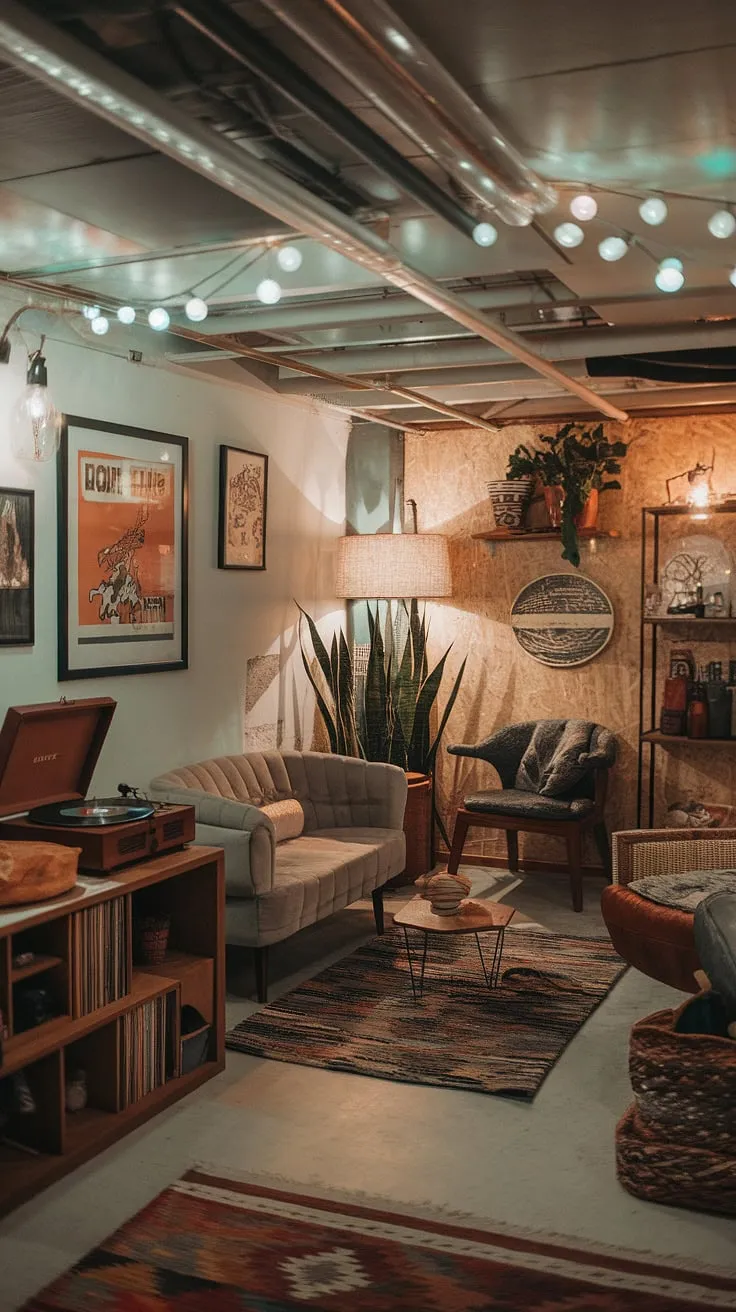 This vintage basement remodel is the epitome of cozy rec room goals.  The open plan layout maximizes space, showcasing a cool basement aesthetic perfect for living in basement ideas.  From the comfortable seating area to the charming basement entry, every detail speaks volumes about cute unfinished basement ideas and comfortable basement ideas, even in a small dark basement.