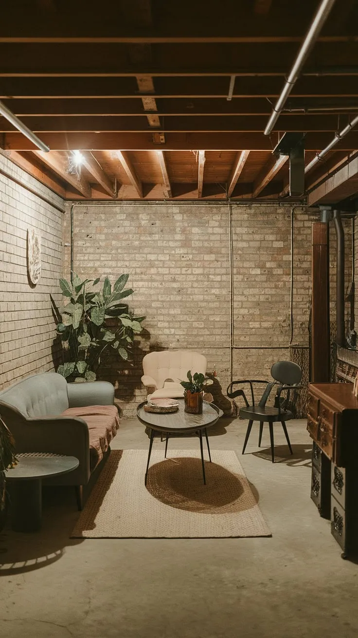 Step into this vintage-inspired basement—a cozy rec room redefined.  The exposed brick walls and wooden beam create a rustic charm, while the comfortable furniture and thoughtful plant placement transform this basement entry into a cool basement aesthetic.  Perfect for living in basement ideas, this open plan basement design showcases how a vintage basement remodel can create a surprisingly spacious and inviting atmosphere, even for small dark basement ideas.