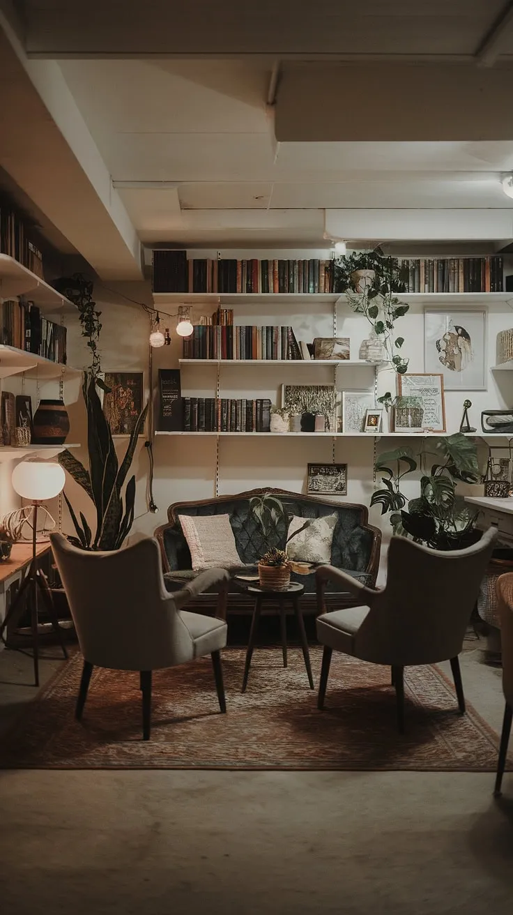 Transforming a dark, low-ceilinged basement into a comfortable and stylish haven? This open plan basement ideas execution shows how.  The vintage basement remodel boasts a cool basement aesthetic, with thoughtful touches like the patterned rug and abundant bookshelves.  Perfect for small dark basement ideas, this cozy rec room offers ample inspiration for living in basement ideas, proving that even a basement entry can lead to a stunning space.