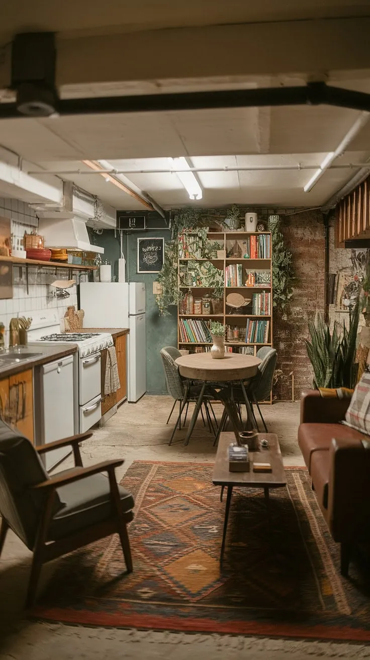 This vintage basement remodel proves that even a small, dark basement can be transformed into a cozy rec room.  The open plan design maximizes space, showcasing a cute unfinished basement aesthetic with exposed brick and a comfortable living area.  Plenty of living in basement ideas are on display, from the charming kitchen area to the well-stocked bookshelf.  Perfect inspiration for cool basement aesthetic and comfortable basement ideas, this space offers a unique blend of vintage charm and modern functionality.  Finding the perfect basement entry to this haven would be a dream.