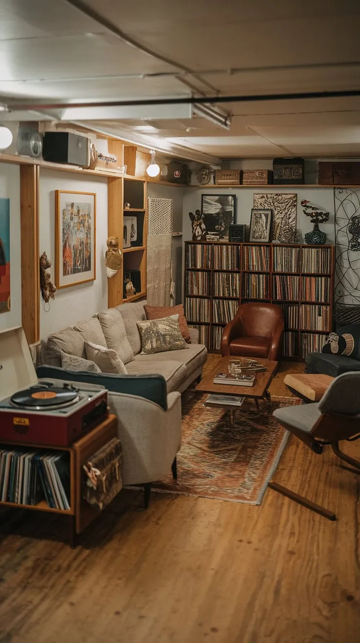 This vintage basement remodel is the epitome of cozy rec room goals.  The open plan basement ideas create a surprisingly spacious feel, perfect for showcasing a cool basement aesthetic.  Living in basement ideas don't get much better than this comfortable setup, proving that even small dark basement ideas can be transformed into inviting spaces.  The cute unfinished basement ideas are brought to life with warm lighting and thoughtful details, from the record player to the well-stocked bookshelf.  The basement entry leads to a world of relaxation.