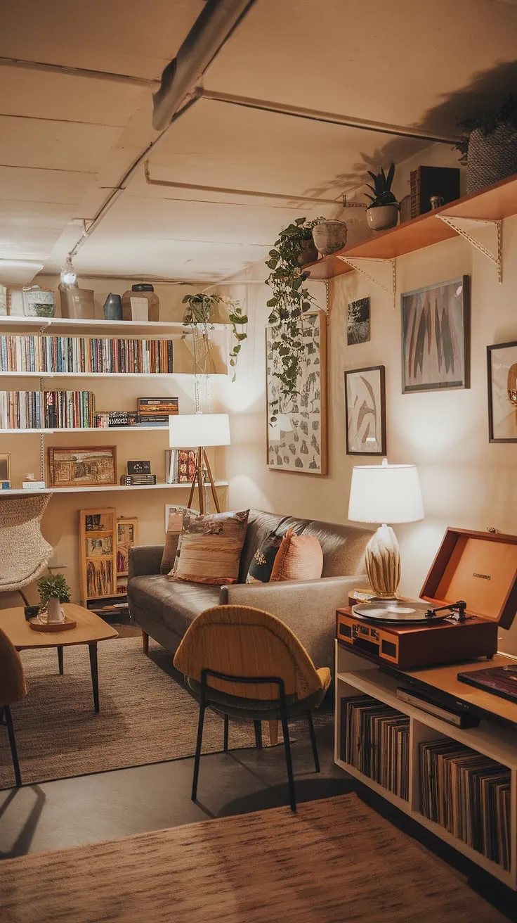 This vintage basement remodel proves that a cool basement aesthetic can be both cozy and stylish.  The open plan maximizes space, offering comfortable basement ideas perfect for a cozy rec room.  From the inviting seating area to the curated bookshelf and retro record player, this space showcases clever living in basement ideas, even for small dark basement ideas.  The thoughtfully designed basement entry leads to a haven of warmth and relaxation.