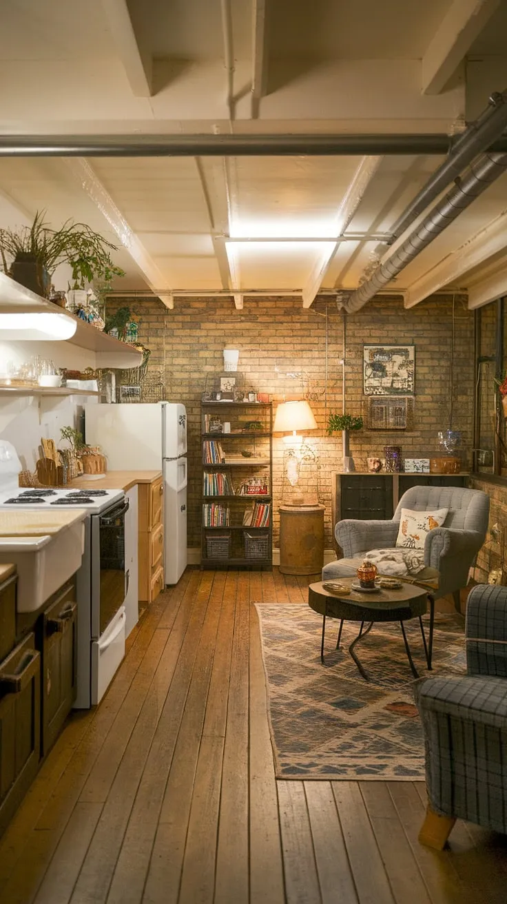 Transforming a dark, unfinished basement into a comfortable and inviting living space? This vintage basement remodel offers inspiration.  The open plan design cleverly incorporates a small kitchen, living area, and bookshelves, creating a cozy rec room with a cool basement aesthetic.  This is a perfect example of living in basement ideas, showcasing how even small dark basement ideas can be realized into a charming and functional space.  The exposed brick and wooden floors add to the vintage appeal, easily accessible via the basement entry.