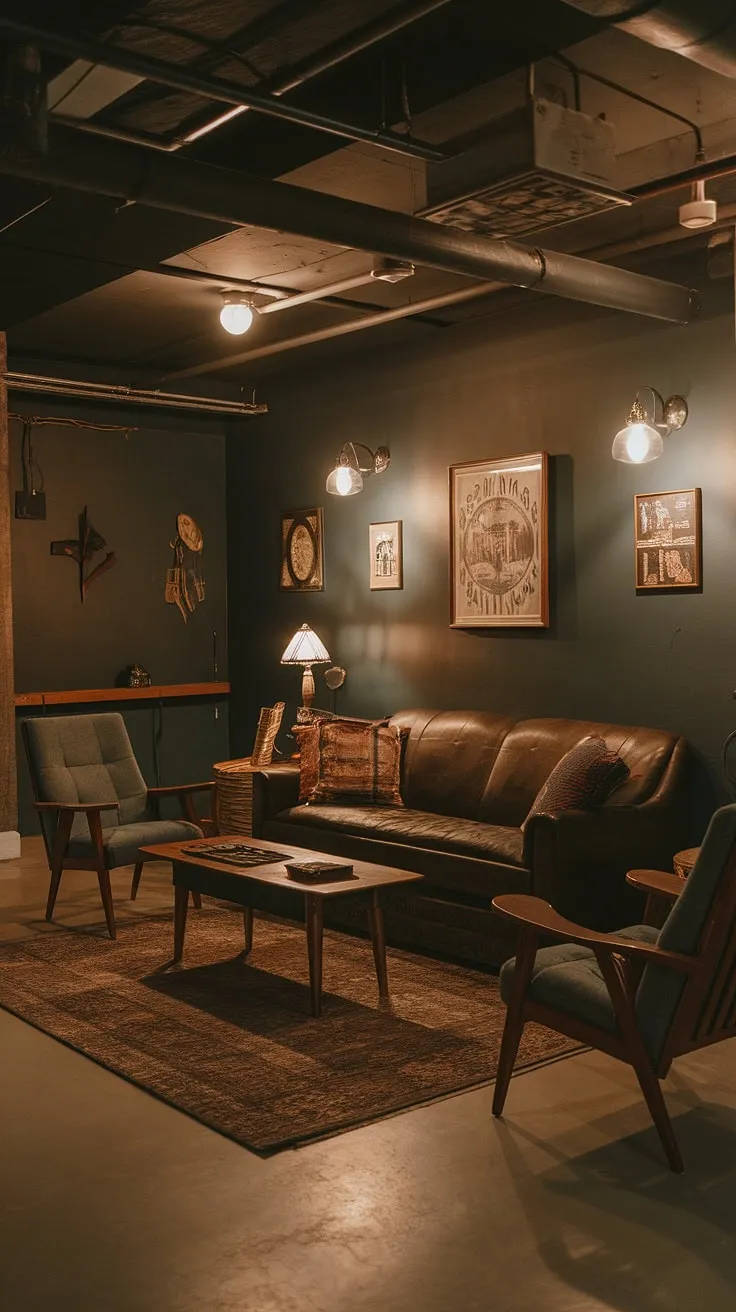 This cozy rec room is the perfect example of living in basement ideas done right.  Our vintage basement remodel breathed new life into this previously unused space.  The cool basement aesthetic, achieved with dark gray walls and vintage decor, makes this small dark basement ideas project feel surprisingly spacious and inviting.  We love how the open plan basement ideas and comfortable basement ideas blend seamlessly to create a truly unique and comfortable space.  The perfect cute unfinished basement ideas inspiration!