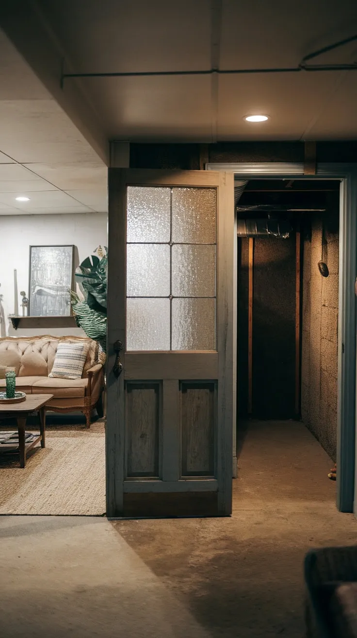 This vintage basement remodel seamlessly blends a cozy rec room with a cool basement aesthetic.  The frosted glass basement entry hints at the comfortable basement ideas within: an open plan design showcasing a charming vintage vibe and clever small dark basement ideas.  Living in basement ideas don't get much better than this.