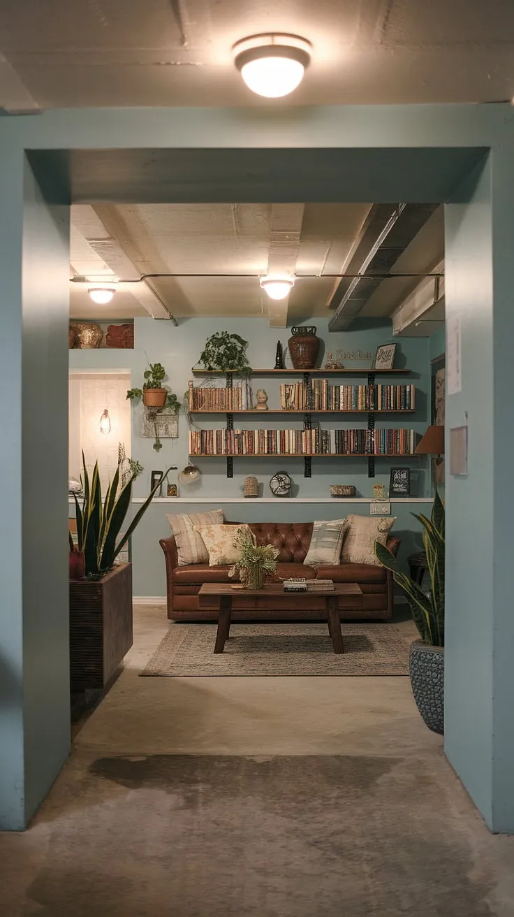 Escape the everyday in this inviting basement entry.  Open plan basement ideas create a surprisingly spacious and stylish retreat.  The vintage basement remodel boasts a cool basement aesthetic, showcasing comfortable basement ideas in a small space.  This cozy rec room is the perfect blend of function and charm.