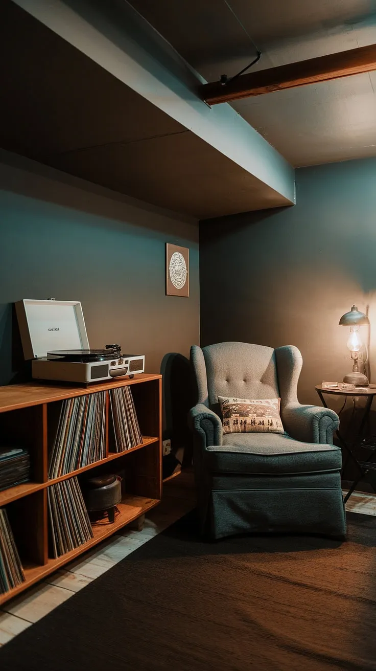 Transforming a dark, unfinished basement into a haven of comfort?  This vintage basement remodel is the perfect example of small dark basement ideas done right.  The cool basement aesthetic is undeniable, with a cozy rec room vibe that's both inviting and stylish.  From the comfortable armchair to the vintage record player, every detail speaks to the art of living in basement ideas. This open plan basement design maximizes space and creates a truly unique and welcoming basement entry.