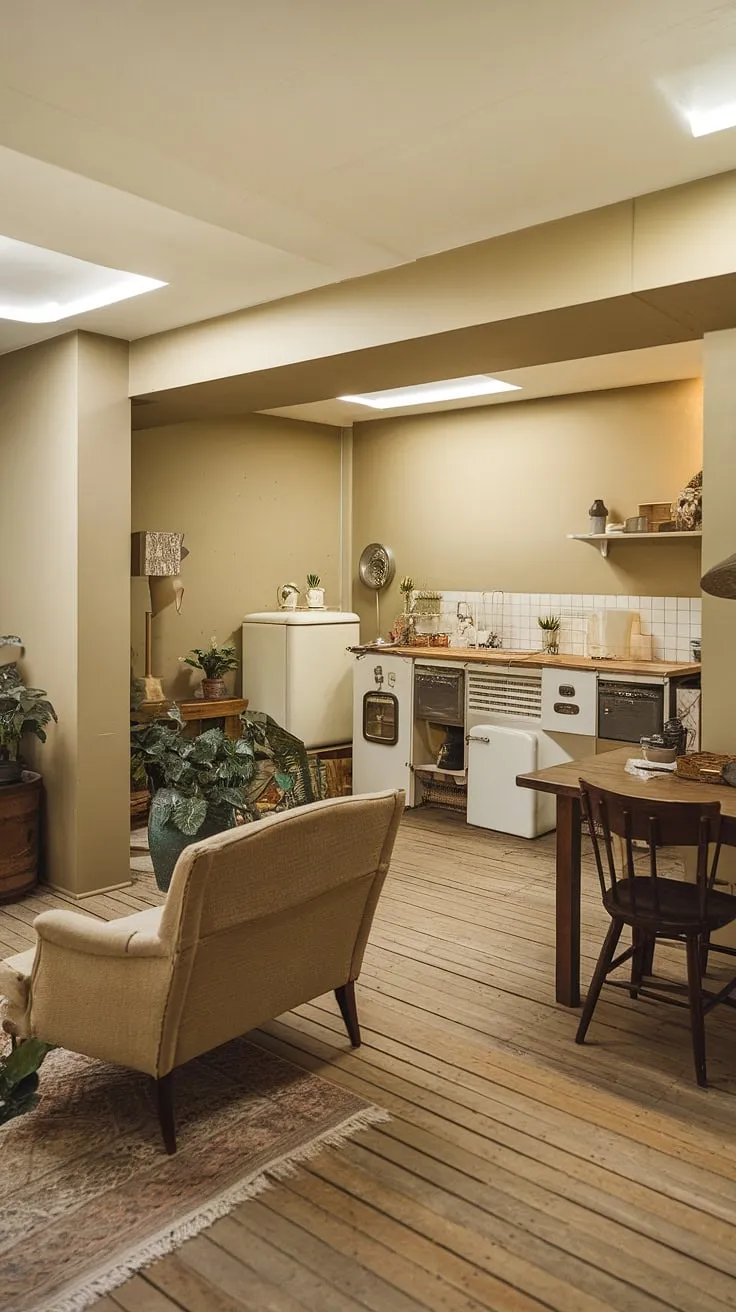 This cozy rec room is the epitome of comfortable basement ideas.  A vintage basement remodel transformed this space into a light-filled haven, proving that living in basement ideas can be both stylish and functional. The open plan design, complete with a vintage couch and wooden dining table, creates a cool basement aesthetic.  Even small dark basement ideas can be bright and inviting with the right approach, as seen in this cute unfinished basement ideas example.  The basement entry leads directly into this inviting space.