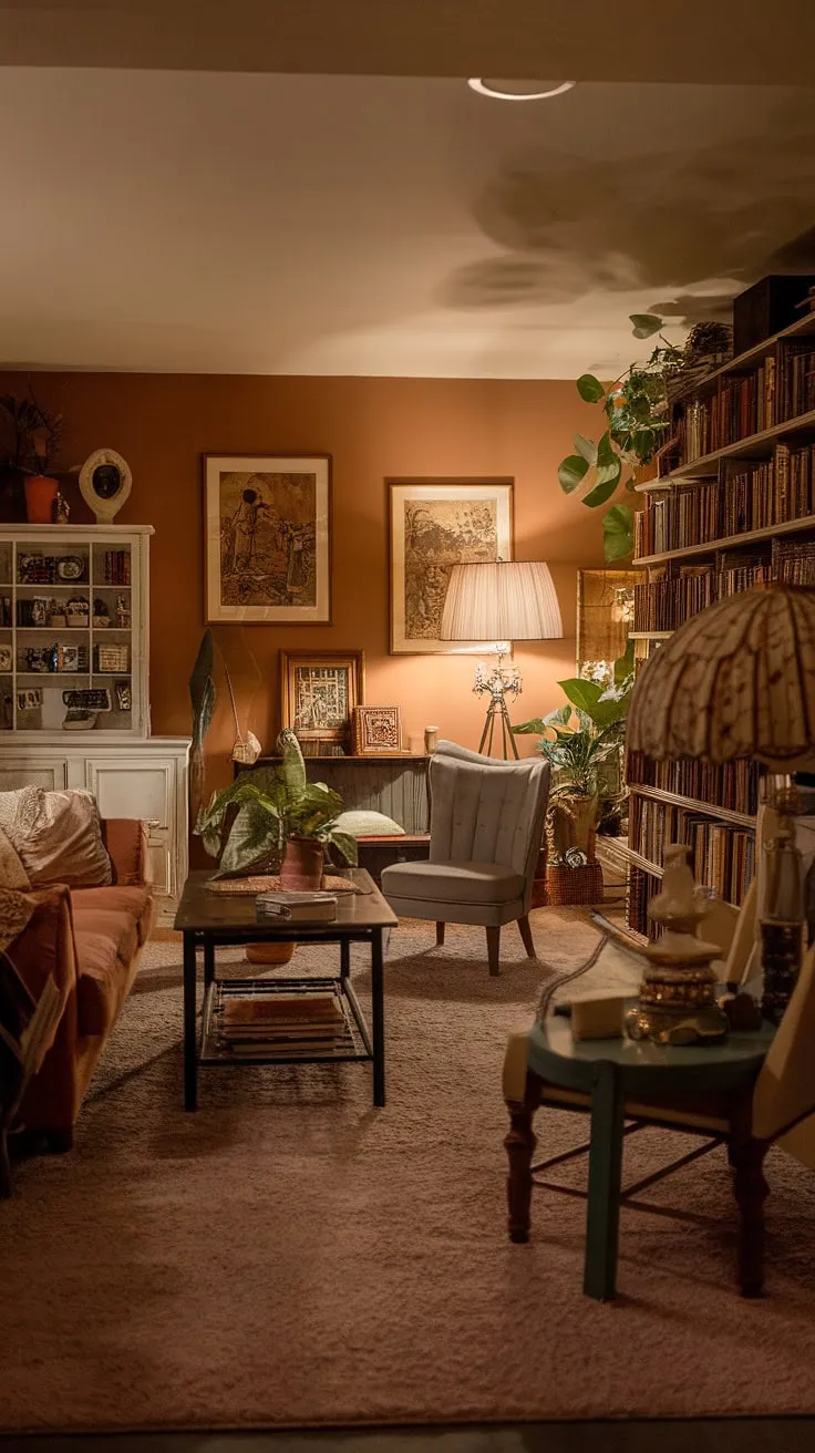 This vintage basement remodel proves that even a small, dark basement can be transformed into a cozy rec room.  The open plan layout maximizes space, offering a comfortable seating area and a charming reading nook, perfect for showcasing your living in basement ideas.  From the basement entry, you'll be greeted by a cool basement aesthetic that's both inviting and stylish.  This is the epitome of comfortable basement ideas and cute unfinished basement ideas.