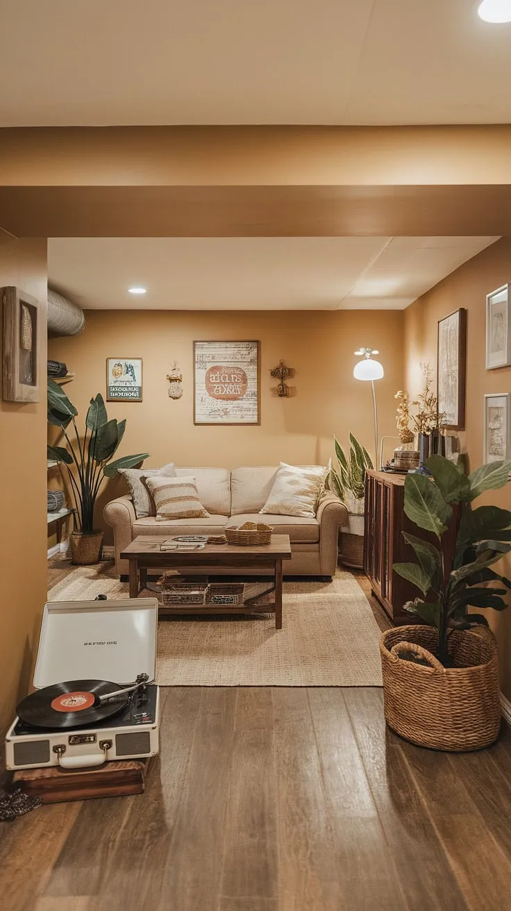 Transforming a dark, unfinished basement into a light-filled, comfortable basement space? This vintage basement remodel showcases brilliant open plan basement ideas. The cozy rec room, complete with a record player and comfy seating, offers a cool basement aesthetic that's perfect for relaxation.  This is proof that even small dark basement ideas can be elevated into stylish and inviting living in basement ideas. The thoughtful details, from the vintage sign to the strategically placed plants, make this basement entry truly special.