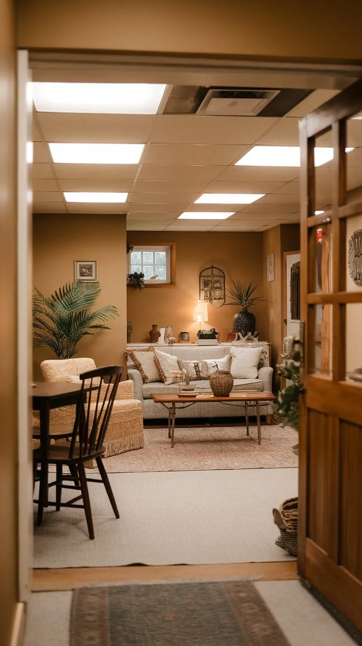 This open plan basement design proves that even a dark basement can be transformed into a light and airy space.  Our vintage basement remodel features comfortable seating, a small dining area, and plenty of personality, making it the perfect cozy rec room.  Explore these living in basement ideas and discover how to achieve a cool basement aesthetic, even with small dark basement ideas.