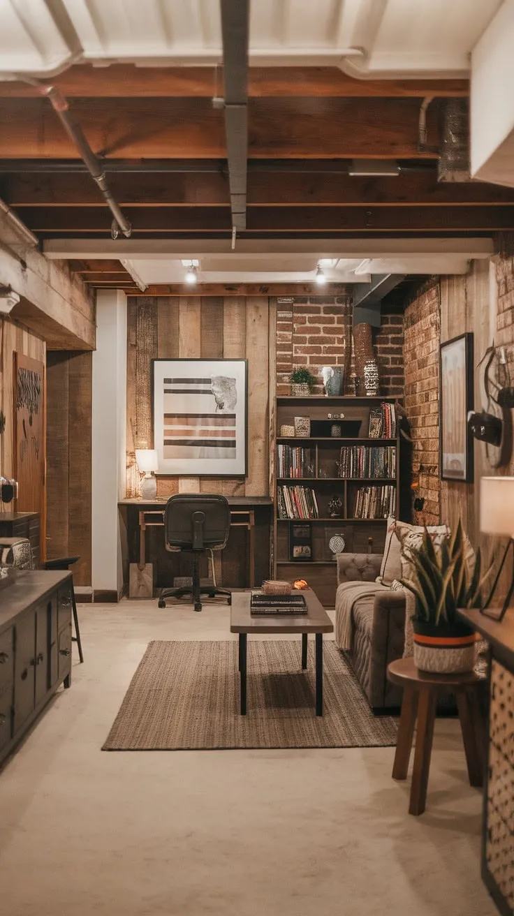 Transform your basement into a stylish retreat with this open plan basement ideas. This vintage basement remodel boasts a cool basement aesthetic, blending exposed brick and wood for a rustic yet refined feel.  The cozy rec room is perfect for relaxation, while the dedicated desk area provides a productive workspace.  This is the epitome of comfortable basement ideas, showing how to maximize space and light even in a small dark basement ideas.  A truly inspiring example of living in basement ideas, from the inviting basement entry to the last detail.