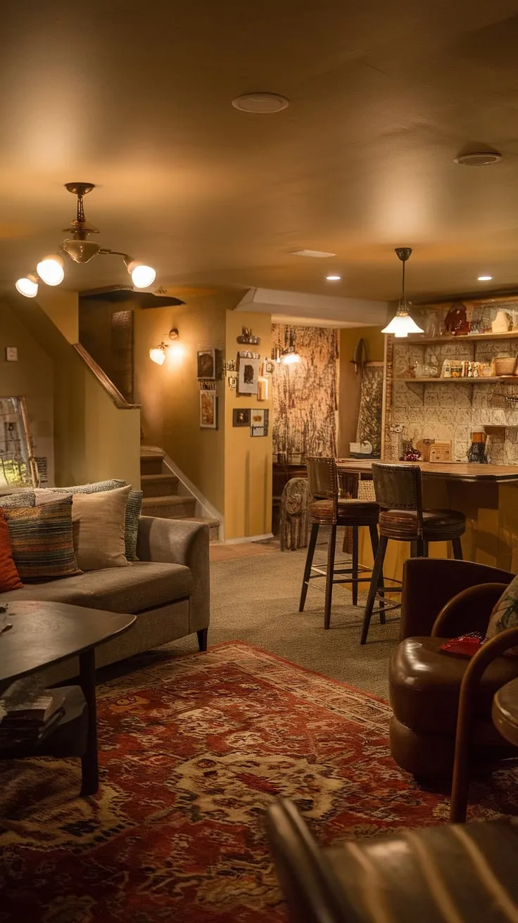 Transforming a small dark basement into a comfortable haven? This open plan basement design offers a wealth of living in basement ideas.  The vintage basement remodel boasts a cool basement aesthetic, blending a cozy rec room with a functional kitchen and dining area.  Perfect for those seeking cute unfinished basement ideas, this space demonstrates how to maximize light and create a welcoming atmosphere, even with a basement entry.  Consider this your inspiration for comfortable basement ideas.
