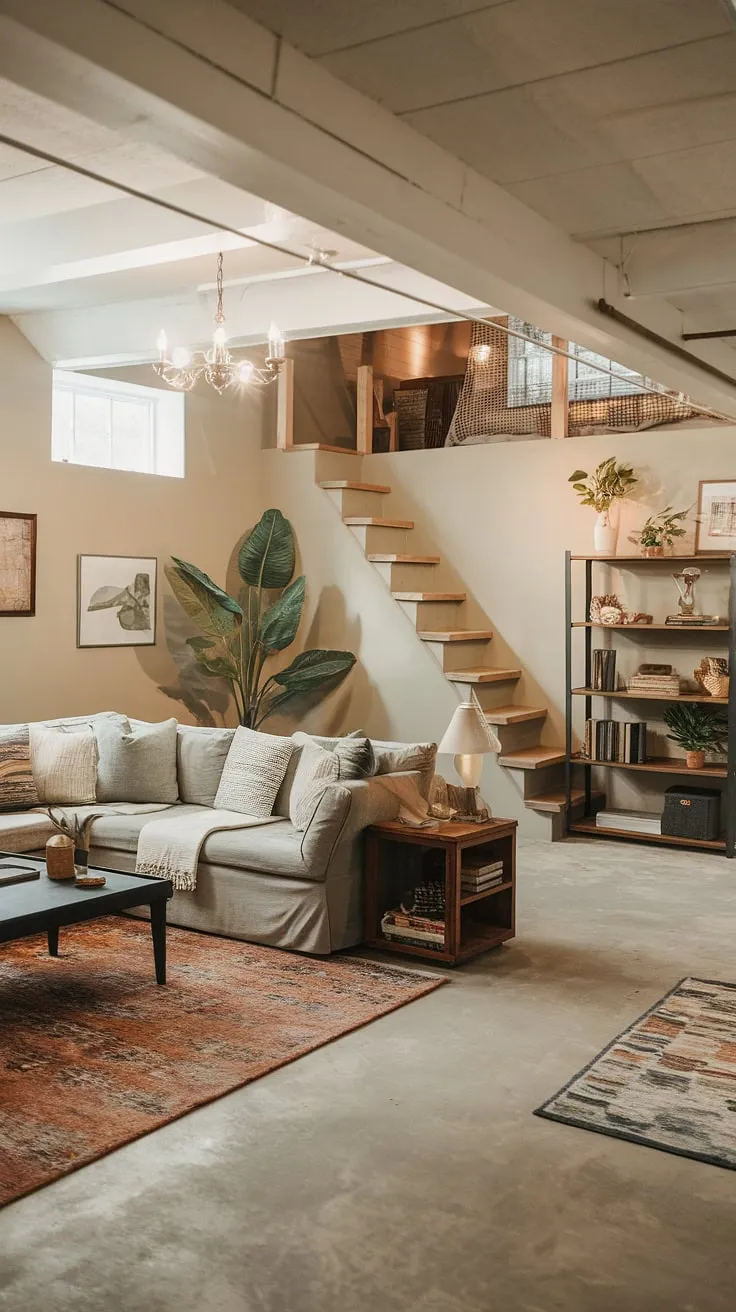Escape the everyday in this vintage basement remodel.  The open plan design maximizes space, creating a cozy rec room perfect for relaxing.  This cool basement aesthetic proves that even a small dark basement can be transformed into a comfortable and inviting living space, showcasing clever living in basement ideas.  The wooden ladder hints at a loft area, adding to the charm.  This is the ultimate example of cute unfinished basement ideas and open plan basement ideas, all starting with a thoughtful basement entry.