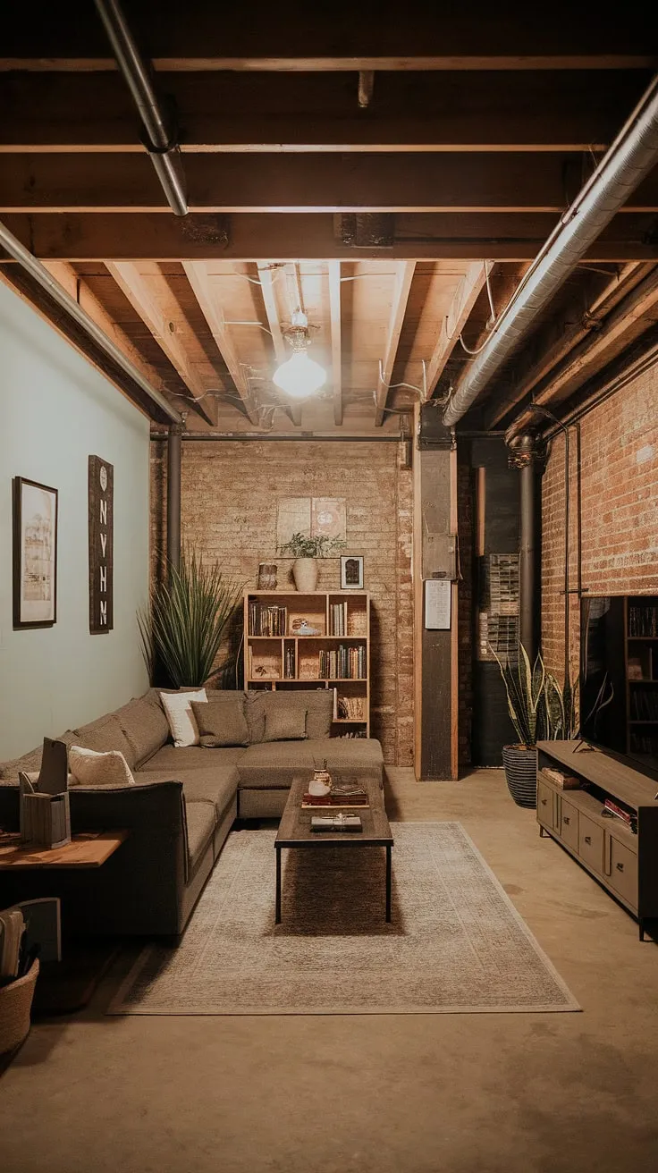 This vintage basement remodel is the epitome of cool basement aesthetic.  Exposed brick, wooden beams, and warm lighting create a cozy rec room perfect for relaxing.  Living in basement ideas don't get much better than this open plan design, showcasing comfortable basement ideas in a small space.  The cute unfinished basement ideas are brought to life with thoughtful touches, from the sectional sofa to the potted plant.  This is what comfortable basement living looks like.