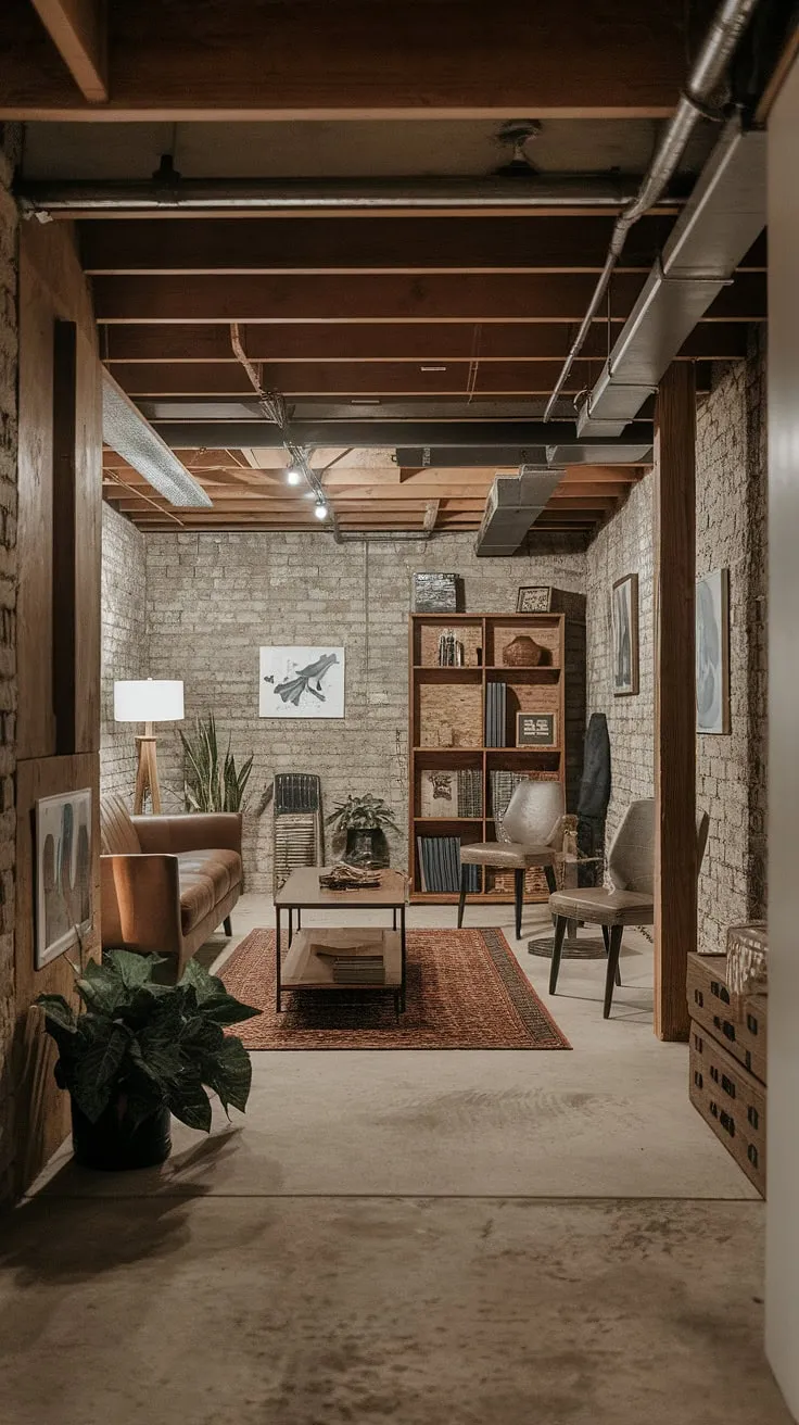 Transforming a basement entry into a charming retreat? This living in basement ideas showcase a cool basement aesthetic, perfect for those seeking open plan basement ideas.  The vintage basement remodel features exposed brick, wooden beams, and a comfortable layout, proving that even small dark basement ideas can be stylish and cozy.  A perfect cozy rec room for relaxing and unwinding.