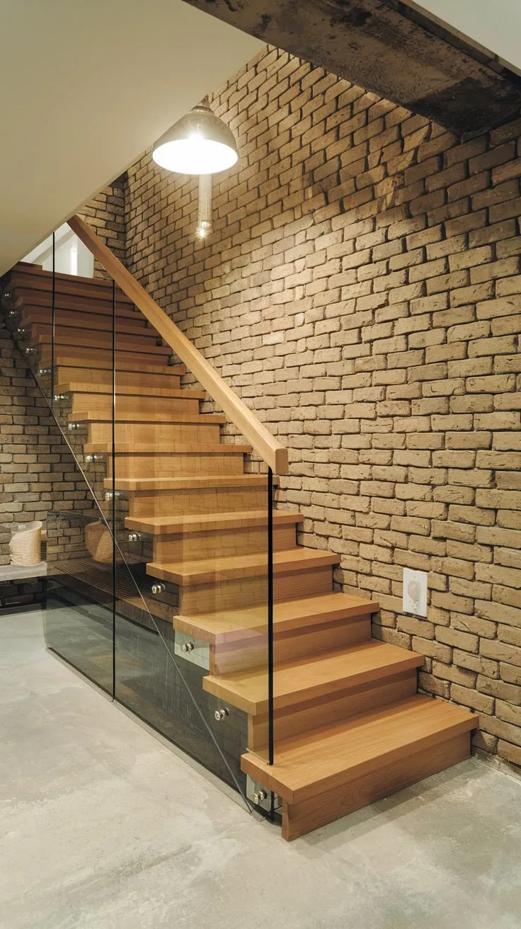 Stylish Modern Basement Entryway with Wooden Staircase