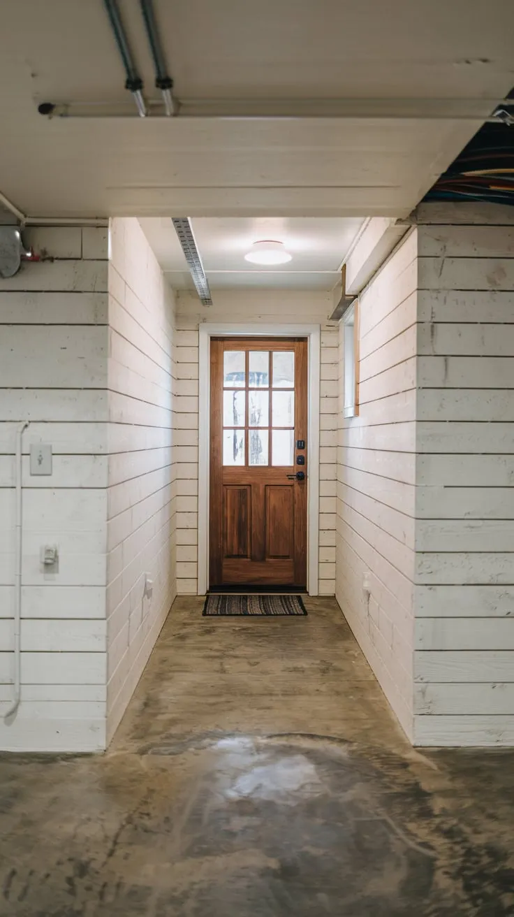 Sleek Modern Basement Entryway with Concrete Floor