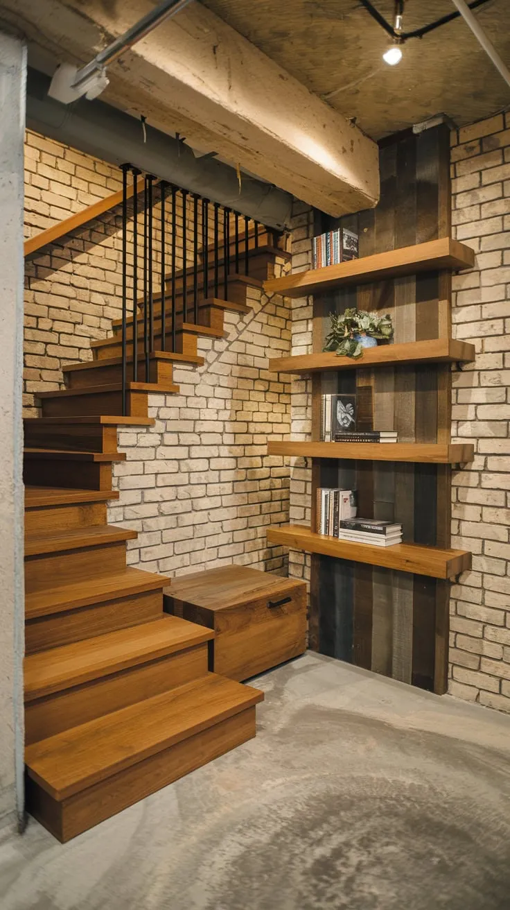 Stylish Modern Basement Entryway with Warm Lighting