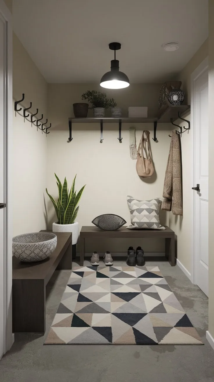 Stylish Modern Basement Entryway with Geometric Accents