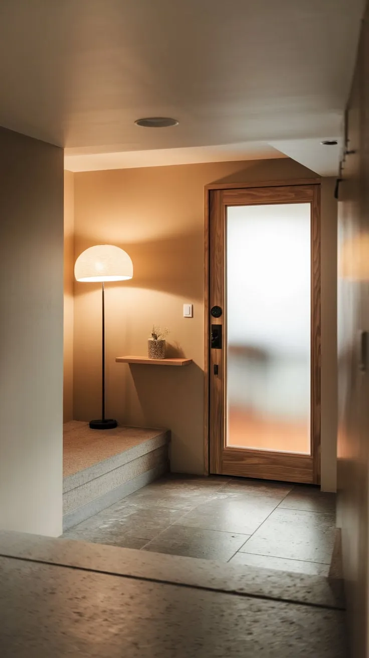 Modern Minimalist Basement Entryway with Warm Lighting
