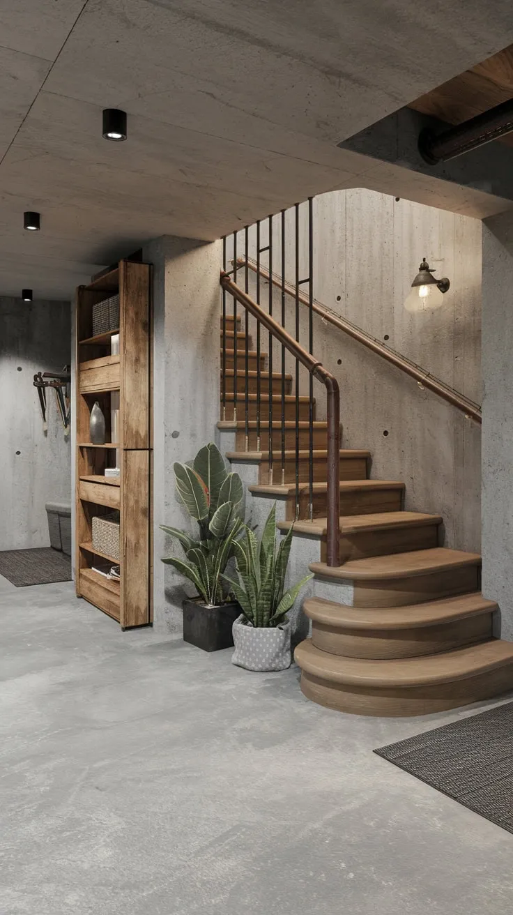 Rustic Industrial Basement Entryway with Concrete Charm
