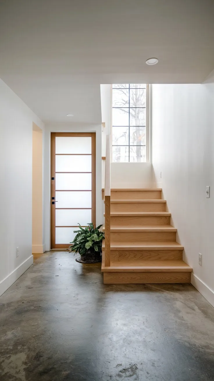 Bright Modern Basement Entryway with Concrete and Wood
